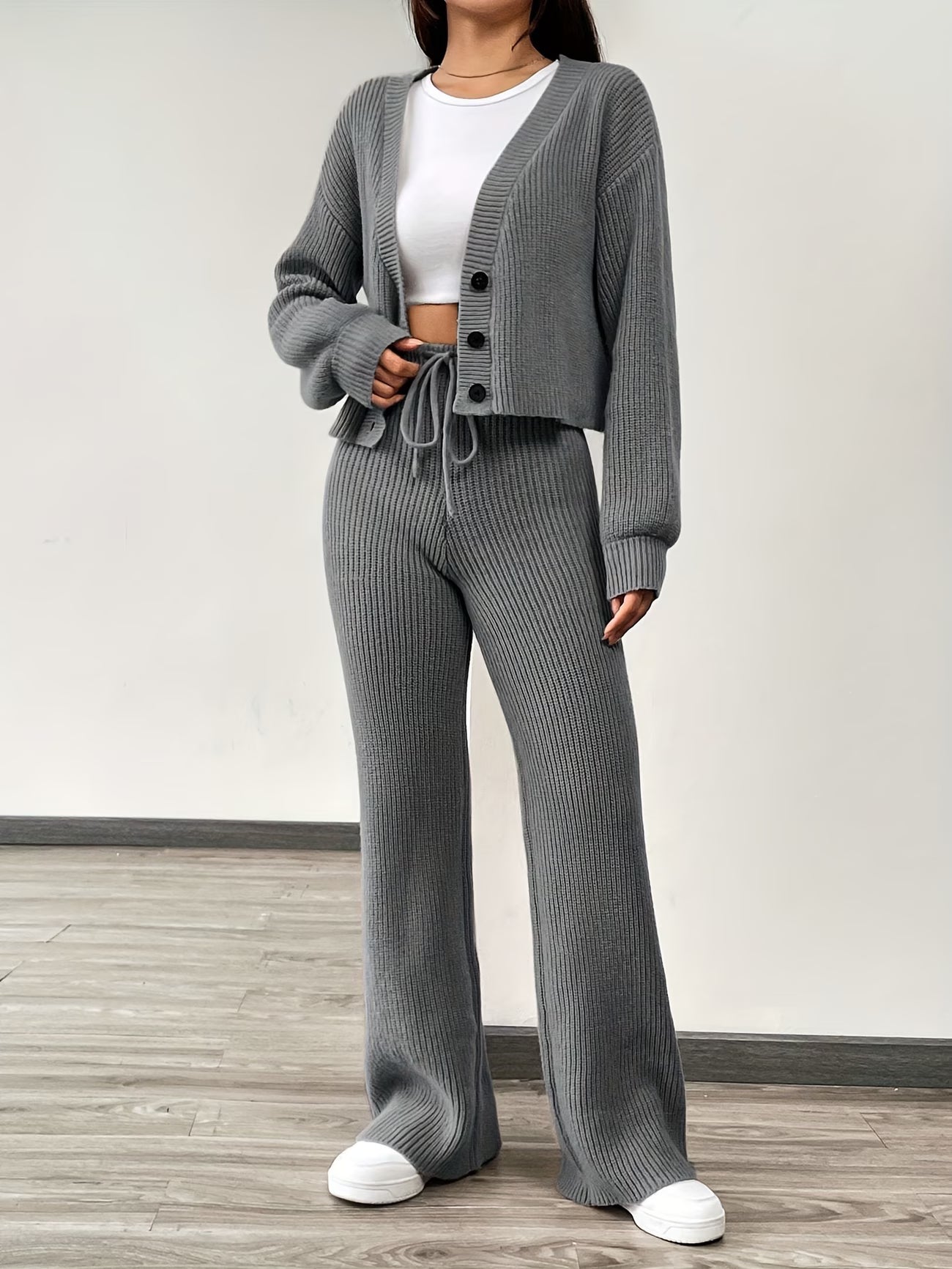 Solid-Color Cardigan and Pants Casual Two- Piece Set, Stylish