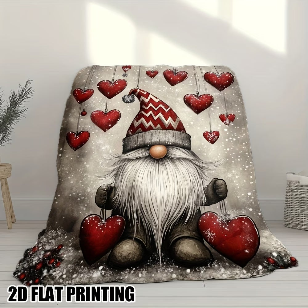 Christmas Gnome & Heart Print Flannel Blanket – Ultra-Soft All-Seasons Cosy Throw