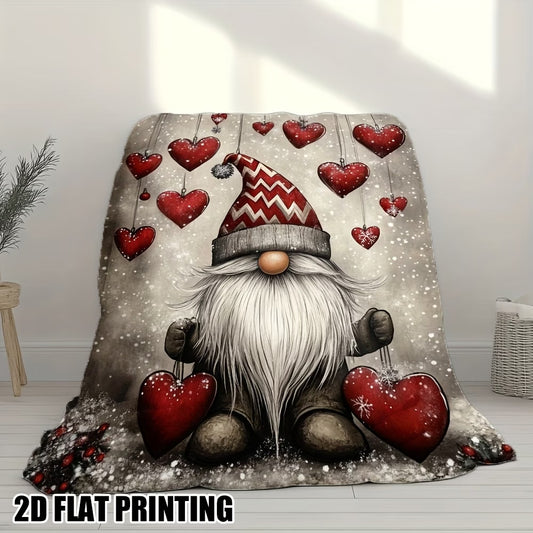 Christmas Gnome & Heart Print Flannel Blanket – Ultra-Soft All-Seasons Cosy Throw