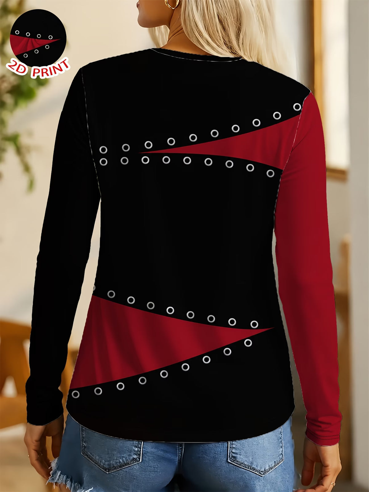 Women's Red & Black Geometric Print Long Sleeve Top