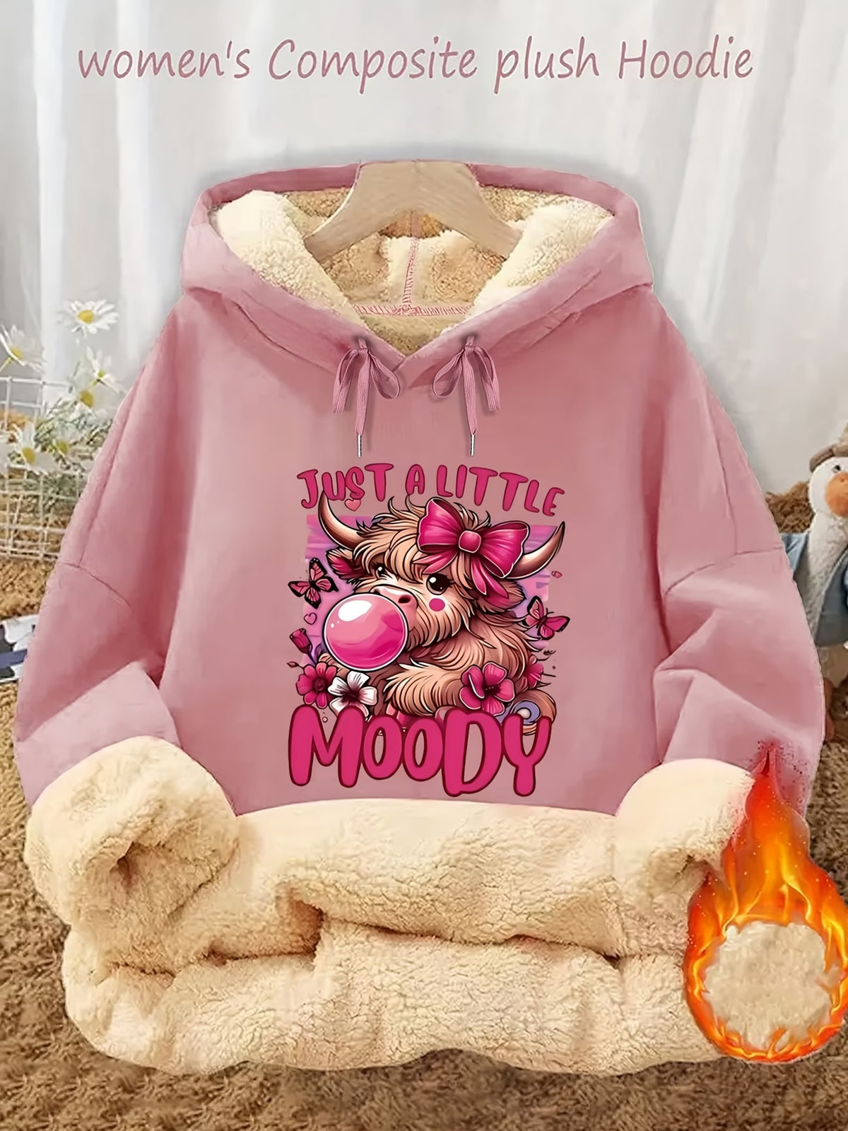 Women's Highland Cow & Bow Fleece-Lined Hoodie