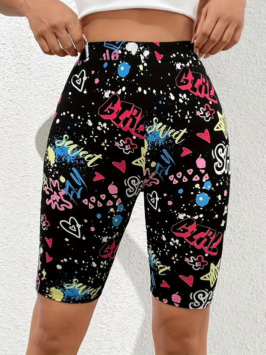 Alphabet Graffiti Print Sculpt Shorts – Stretch Butt-Lifting Fit