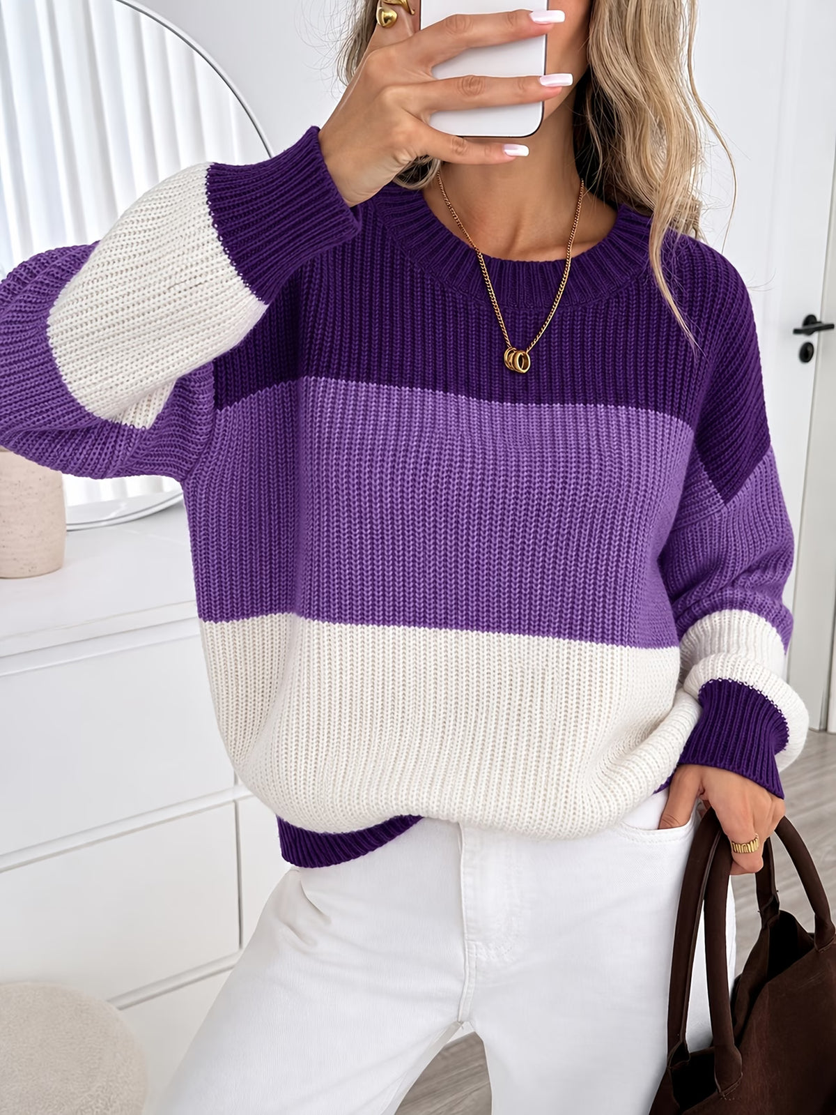 Women's Colour-Block Round-Neck Jumper