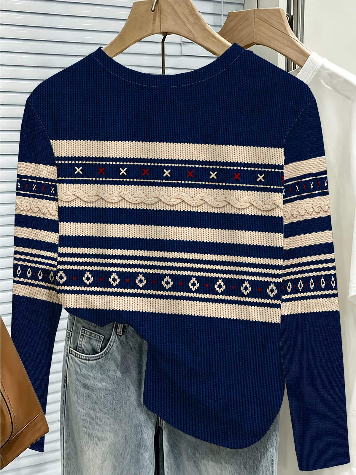 Nautical Stripe & Bow Print Crew Neck Long Sleeve Top