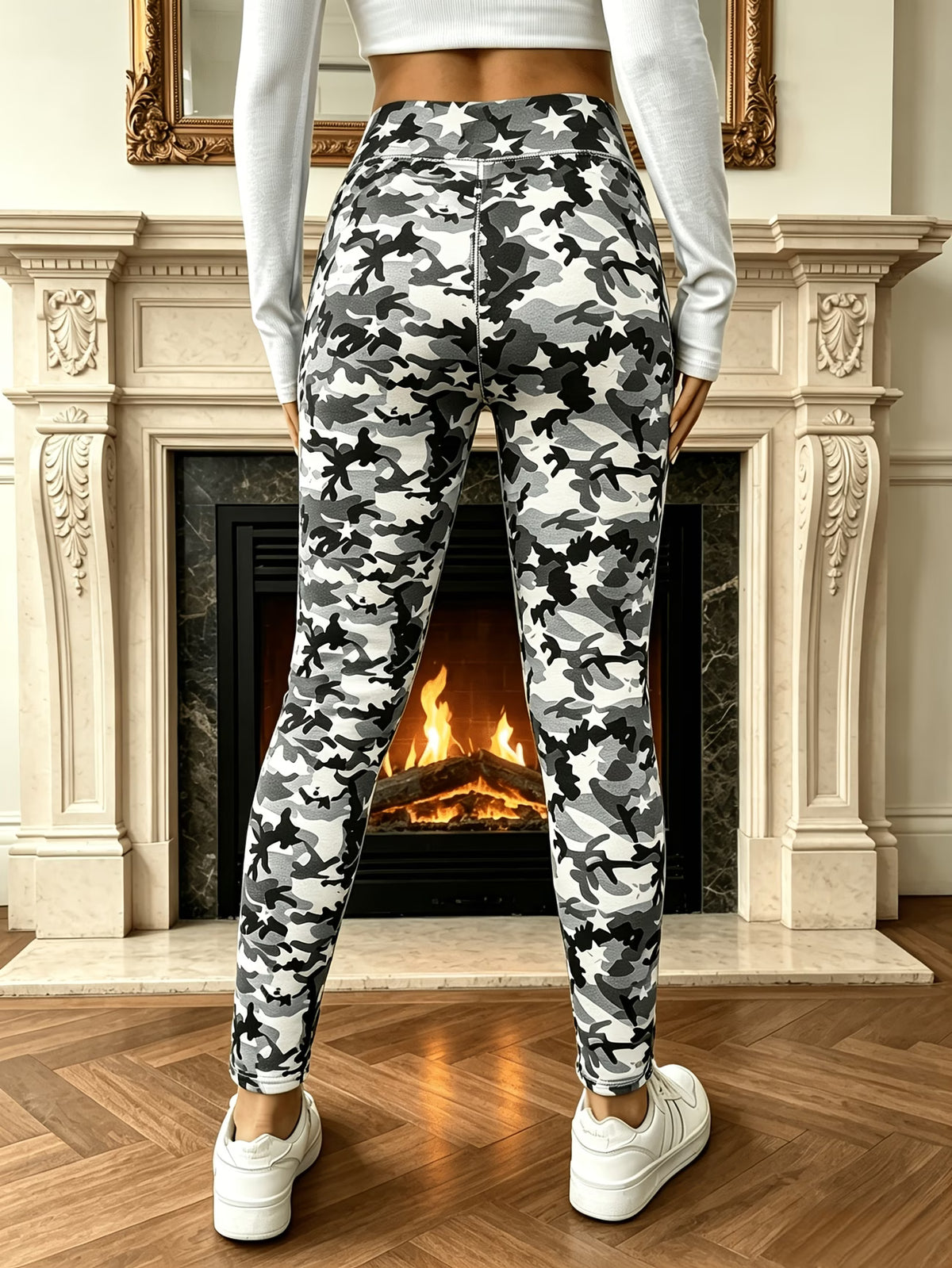 Thickened Fleece-Lined Thermal Leggings, High-Waist Tummy-Control Printed Ankle Pants