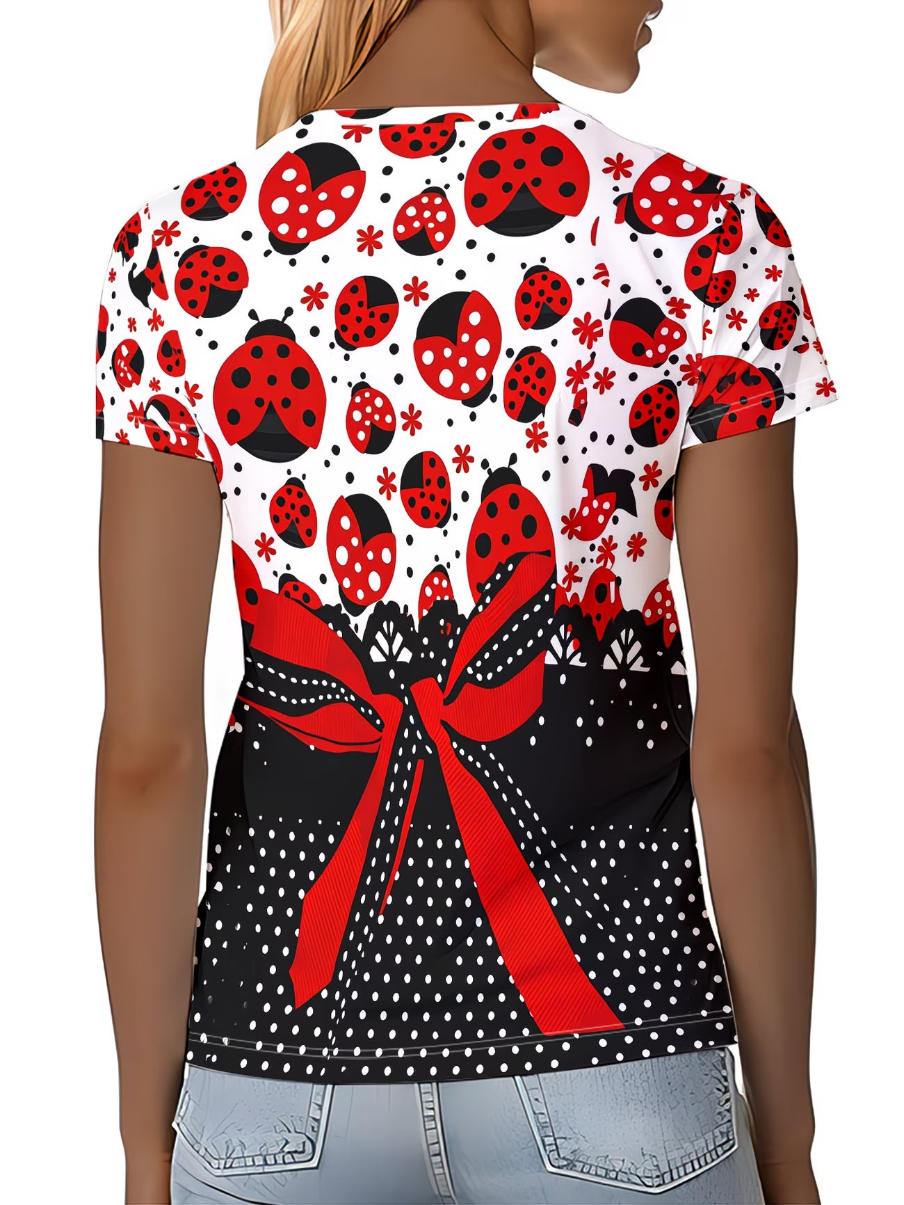 Short Sleeve Ladybug Print T-Shirt | Red & Black with Bow Tie Detail