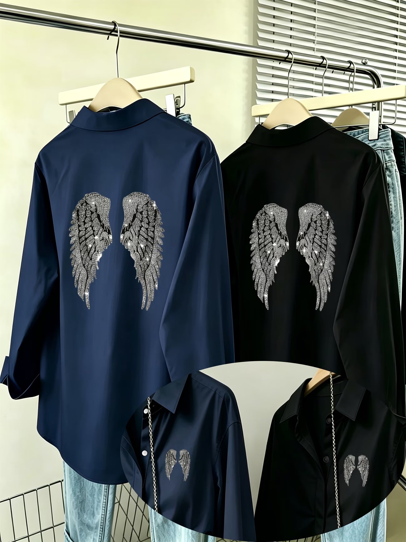 [2-Piece Set] Silvery Glitter Diamond Angel Wings Shirt