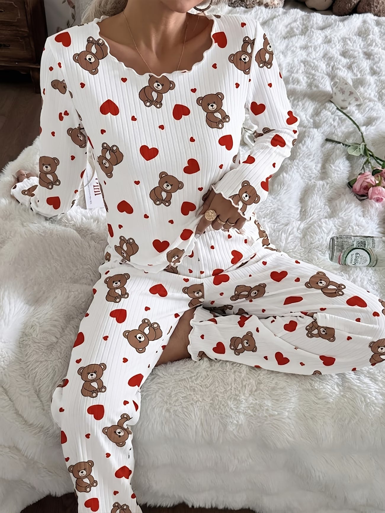 2pcs Ribbed Pajama Set | Heart Bear Print Crew Neck Top & Lounge Pants