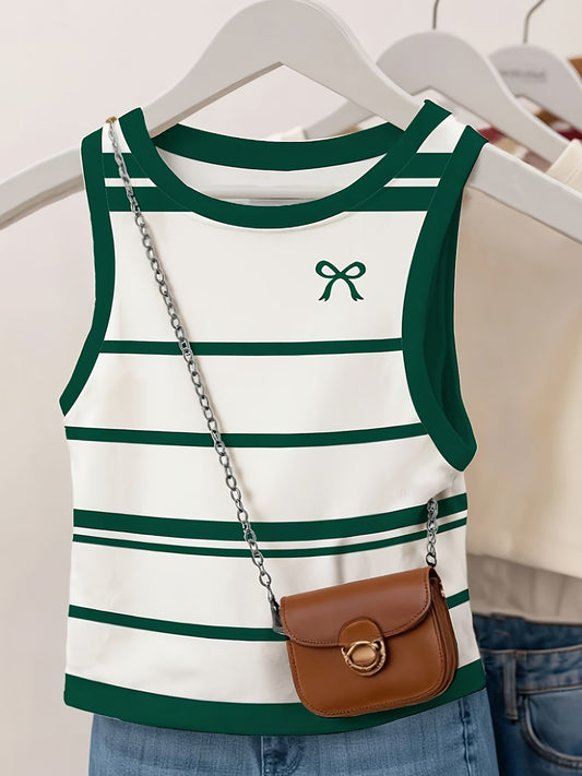 Striped Bow Print Tank Top – Casual Sporty Round Neck