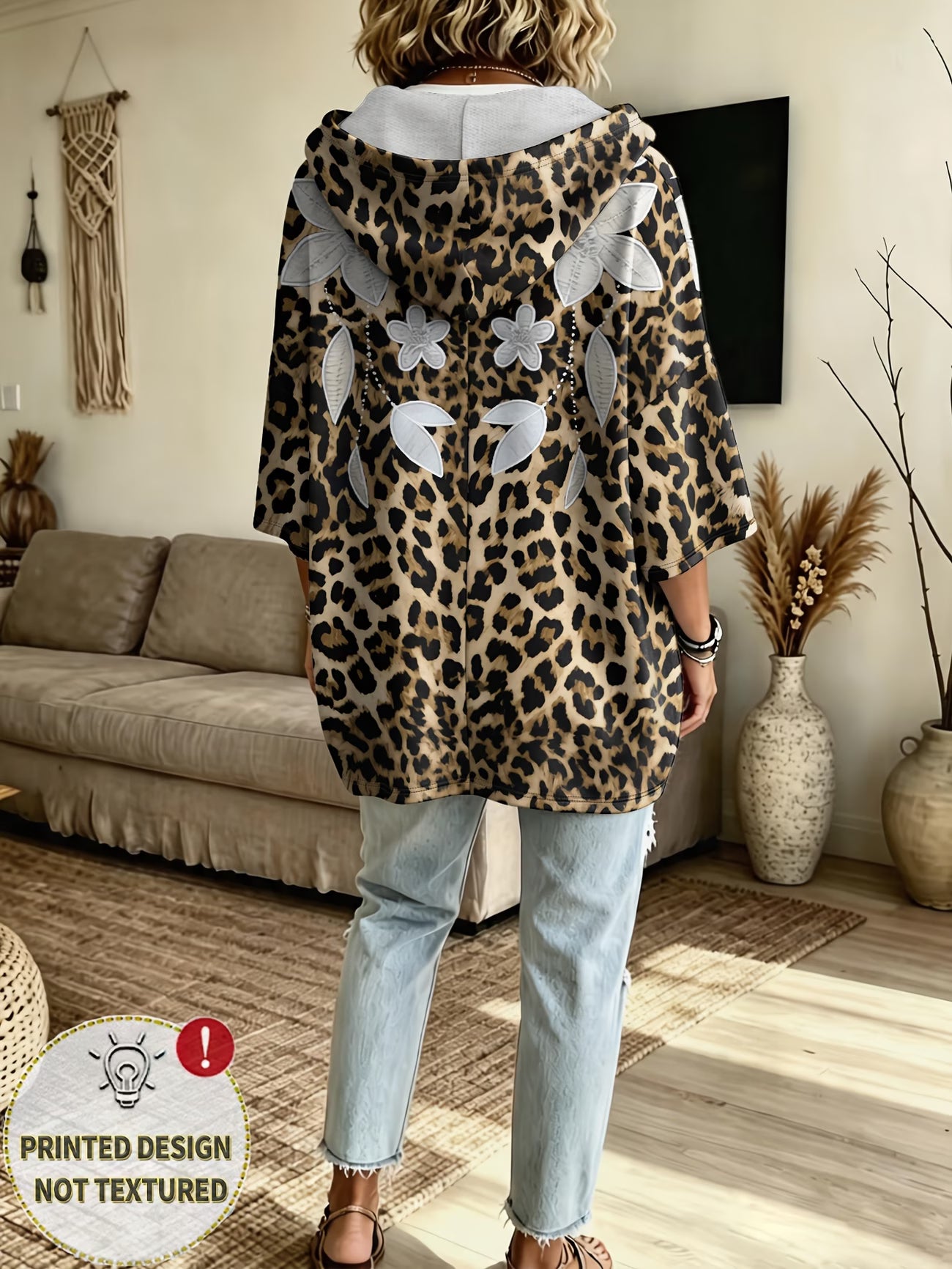 Plus-Size Brown Leopard & 3D White Flower Print Hooded Pullover – Drop Shoulder Casual Hoodie