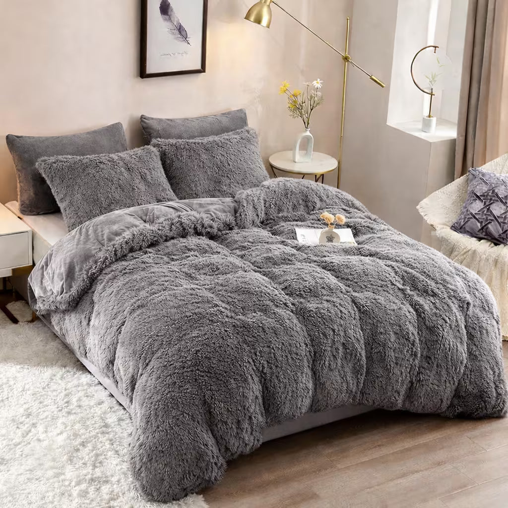 Sunshine 3pcs Easy And Versatile Solid Color Long Plush Duvet Cover Set,