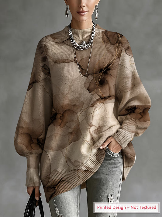 Women's Ink-Wash Floral Sweater with Lantern Sleeves