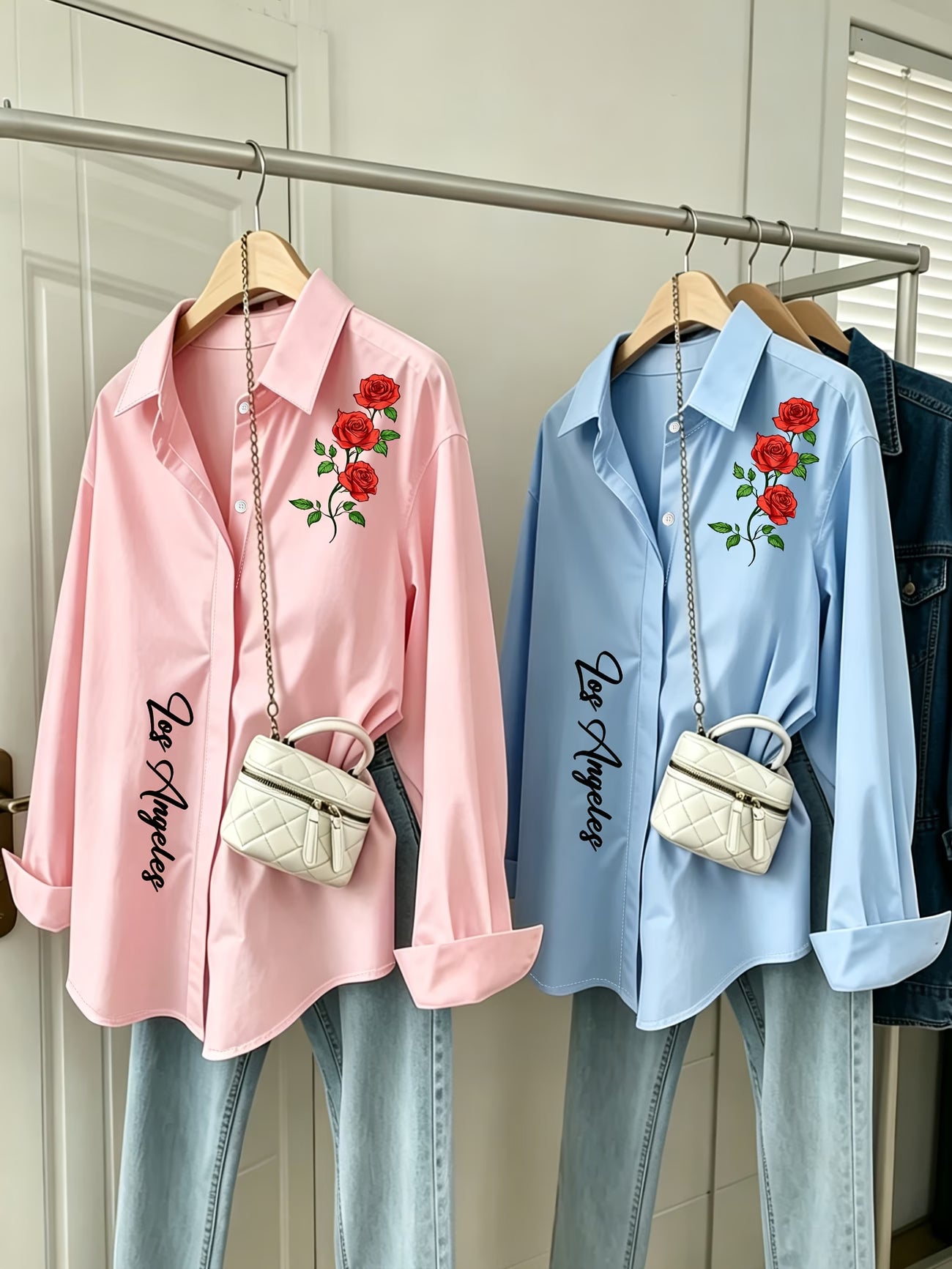 [2-Piece Set] Red Rose English Letter Button-Up Shirt