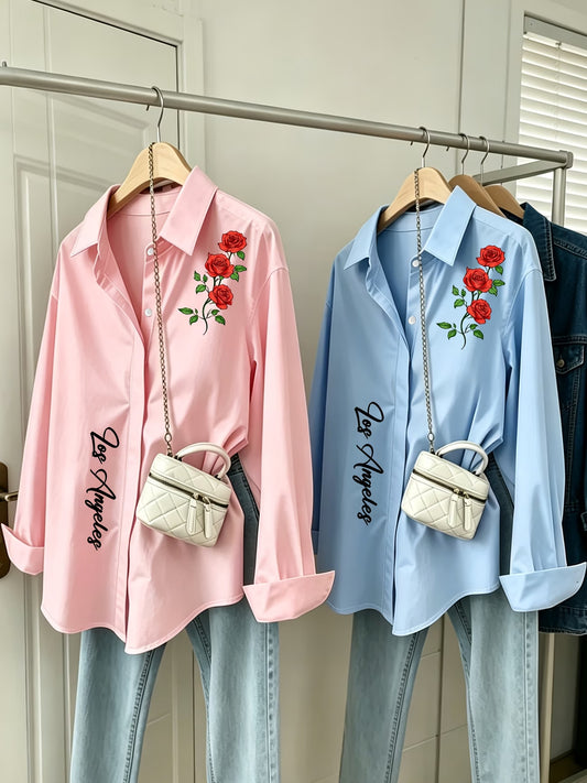 [2-Piece Set] Red Rose English Letter Button-Up Shirt