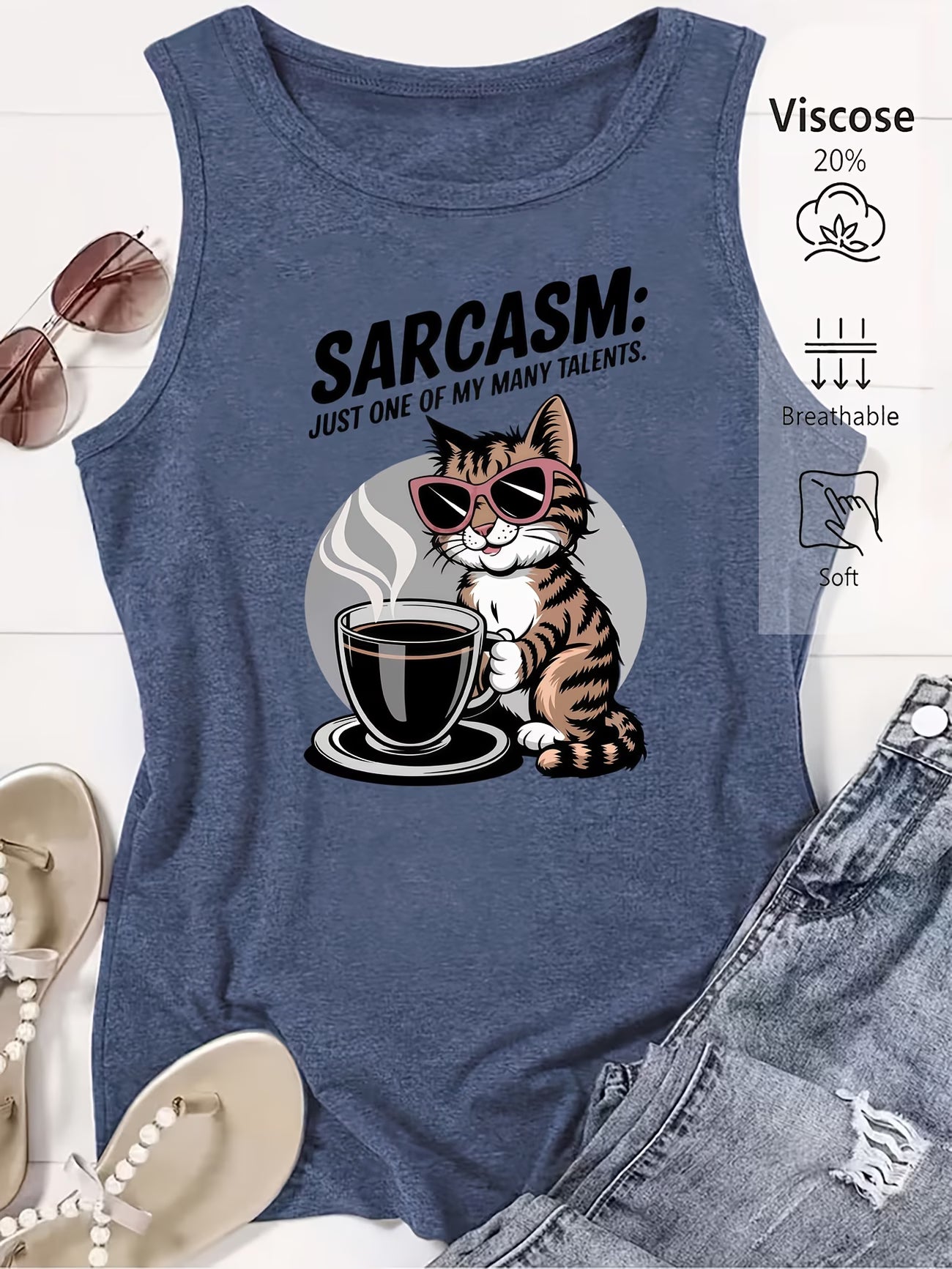Women's Sarcasm, Cool Cats & Coffee Print Sleeveless Vest