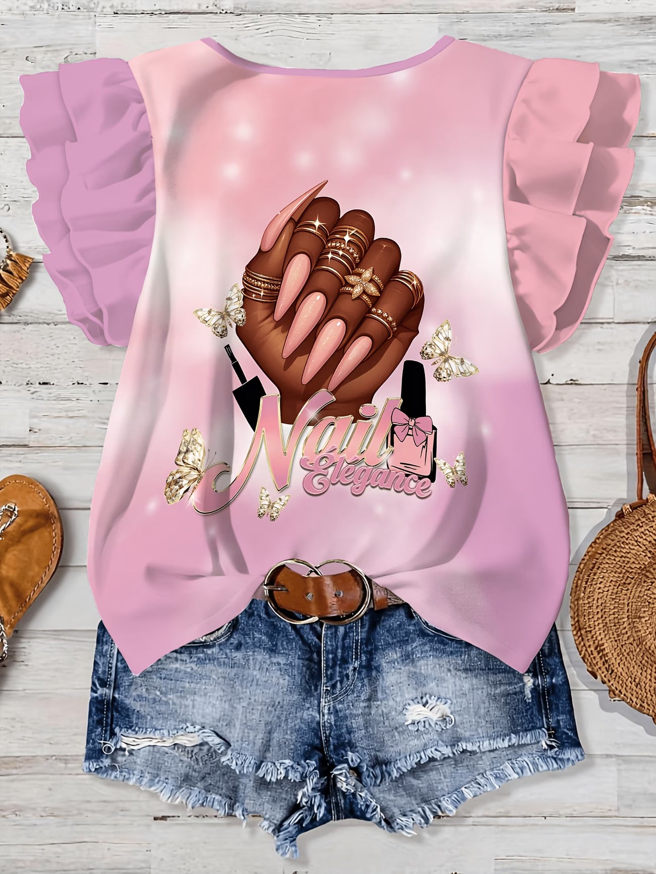 ladies top with Elegantly Printed Manicured Hands on The Front,