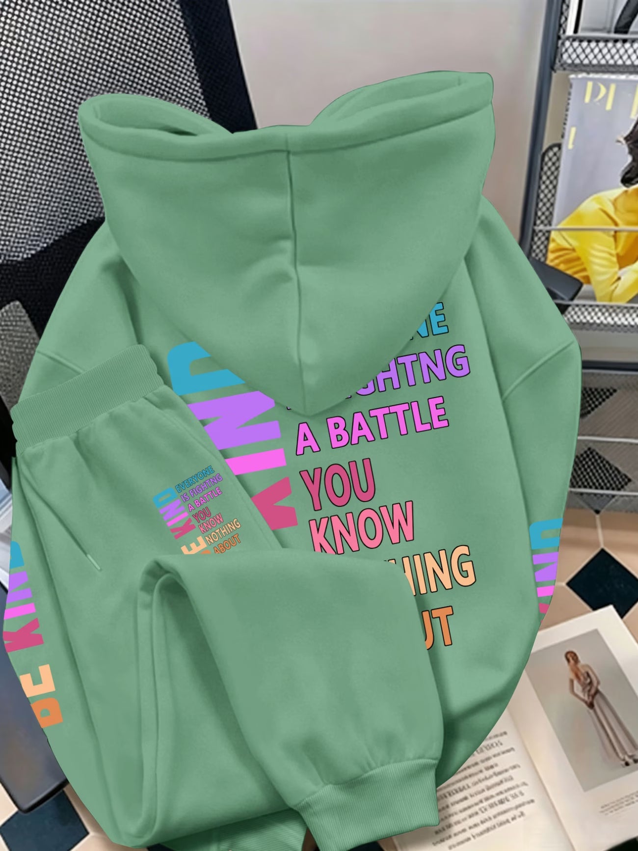 Plus Size Hooded Sweatshirt Set — Multi-Colour Positive Message Triple Back Print