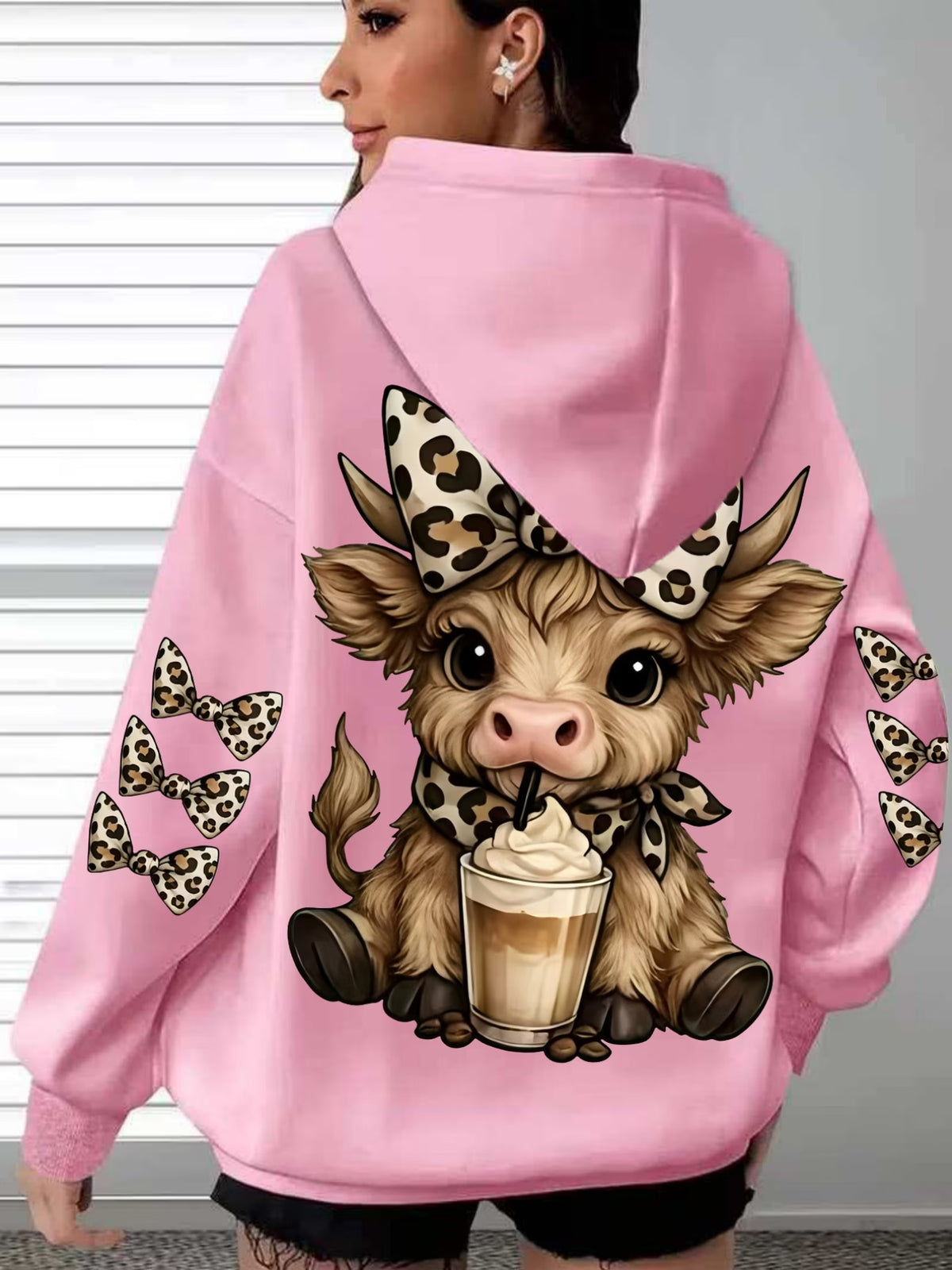 Casual Hooded Leopard Print Bow Highland Cow Print Sweatshirt