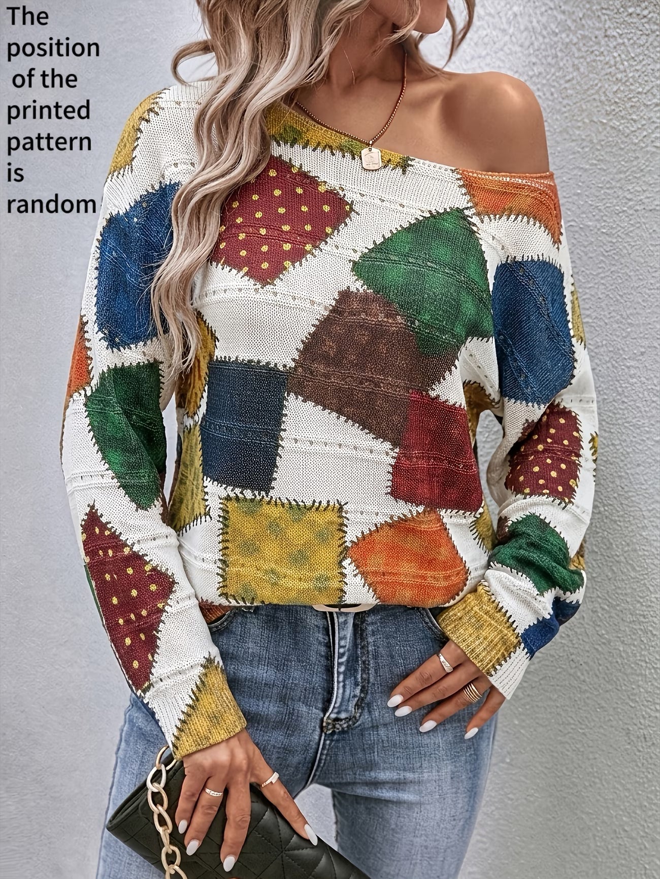 Women's Off-Shoulder Multi-Colour Patchwork Print Sweater