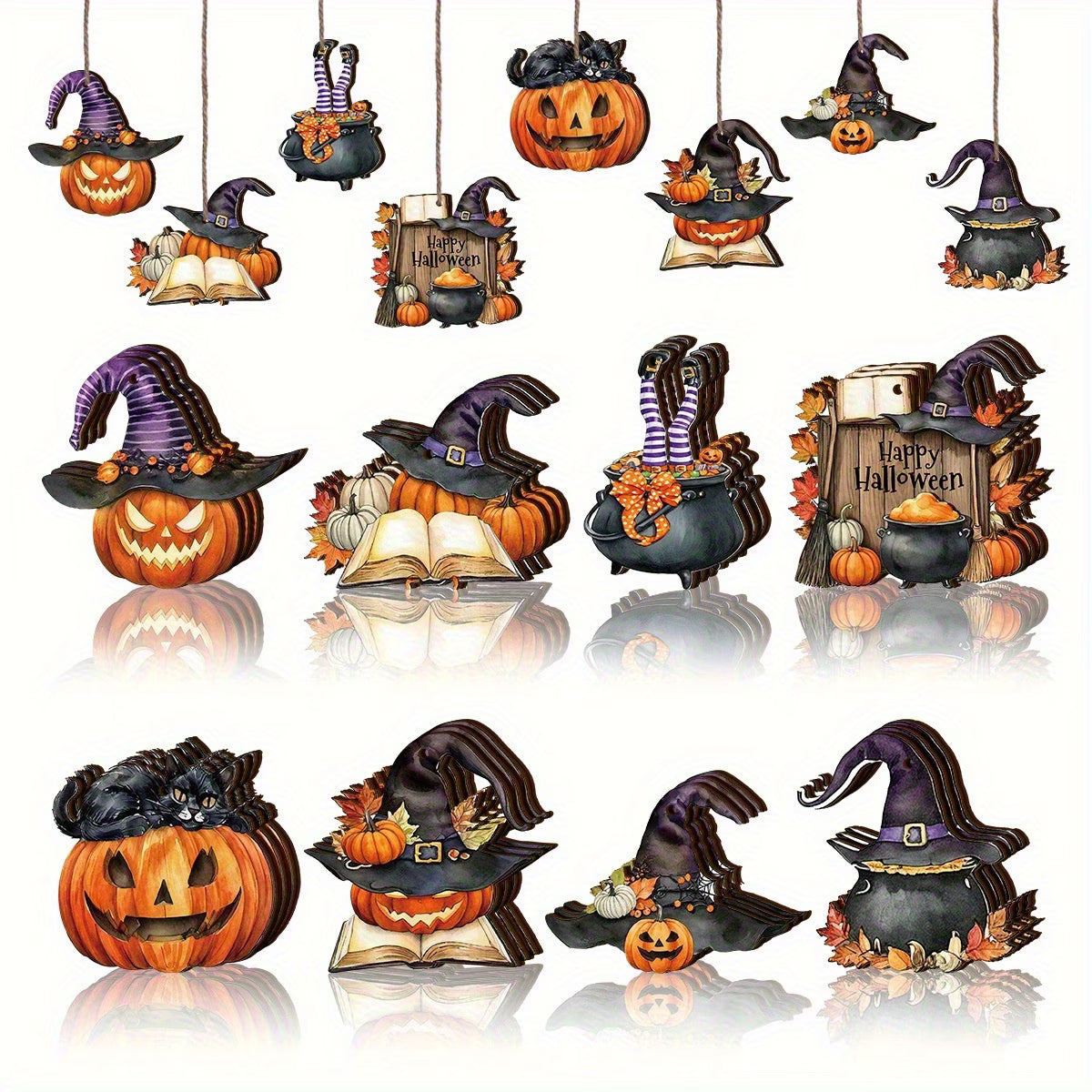 2D Flat Wooden Halloween Hanging Ornaments – Retro Rich Colours (Set of 8)