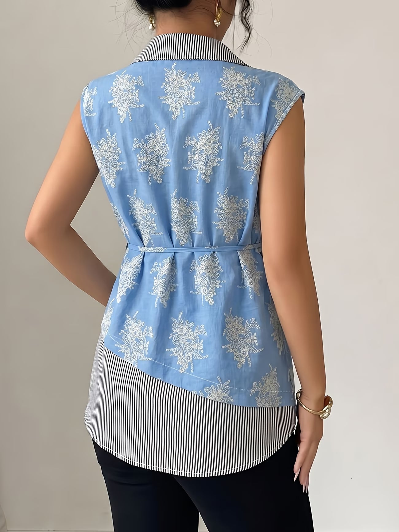 Women's Summer Printed Sleeveless Top – Spliced 2-in-1 Tie-Waist Shirt