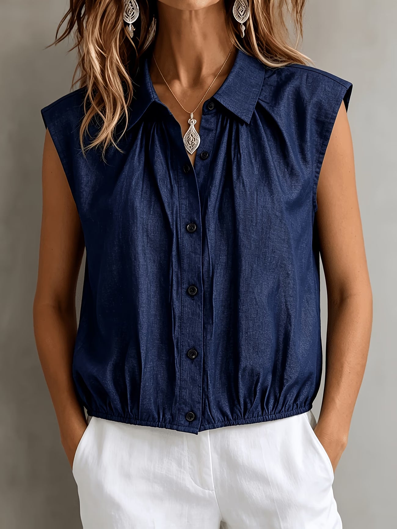 Women's Retro Sleeveless Lapel Navy Casual Shirt Top