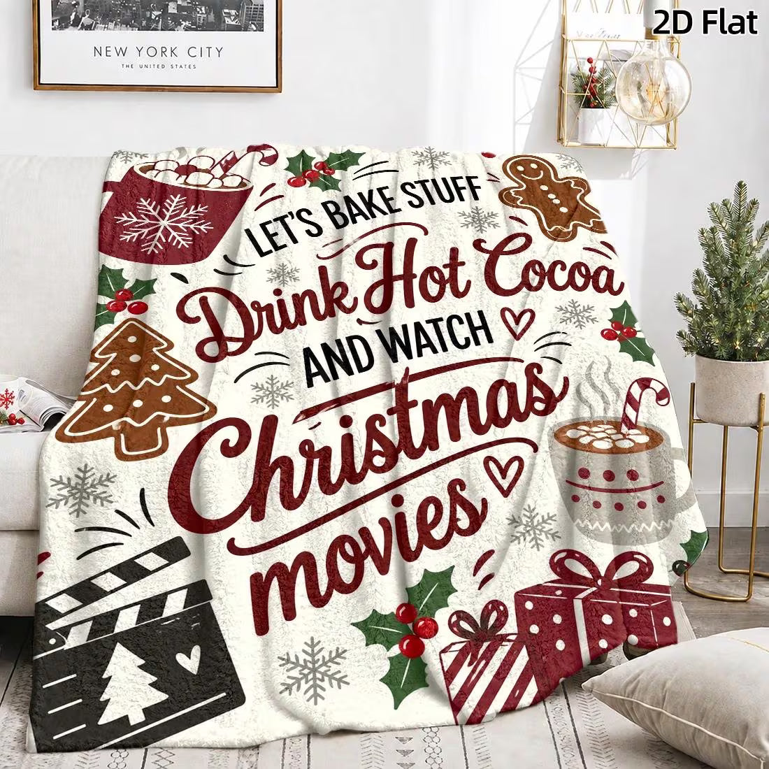 Christmas Movie Night Flannel Blanket – Crimson & White, 280 GSM