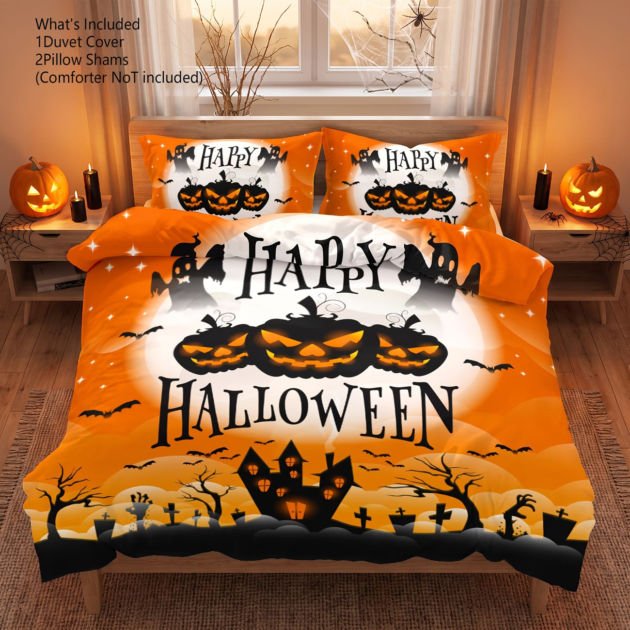 Halloween Pumpkin Print Duvet Cover Set – 3pcs, Double-Sided Design, Solid Black Reverse (Inserts Not Included)