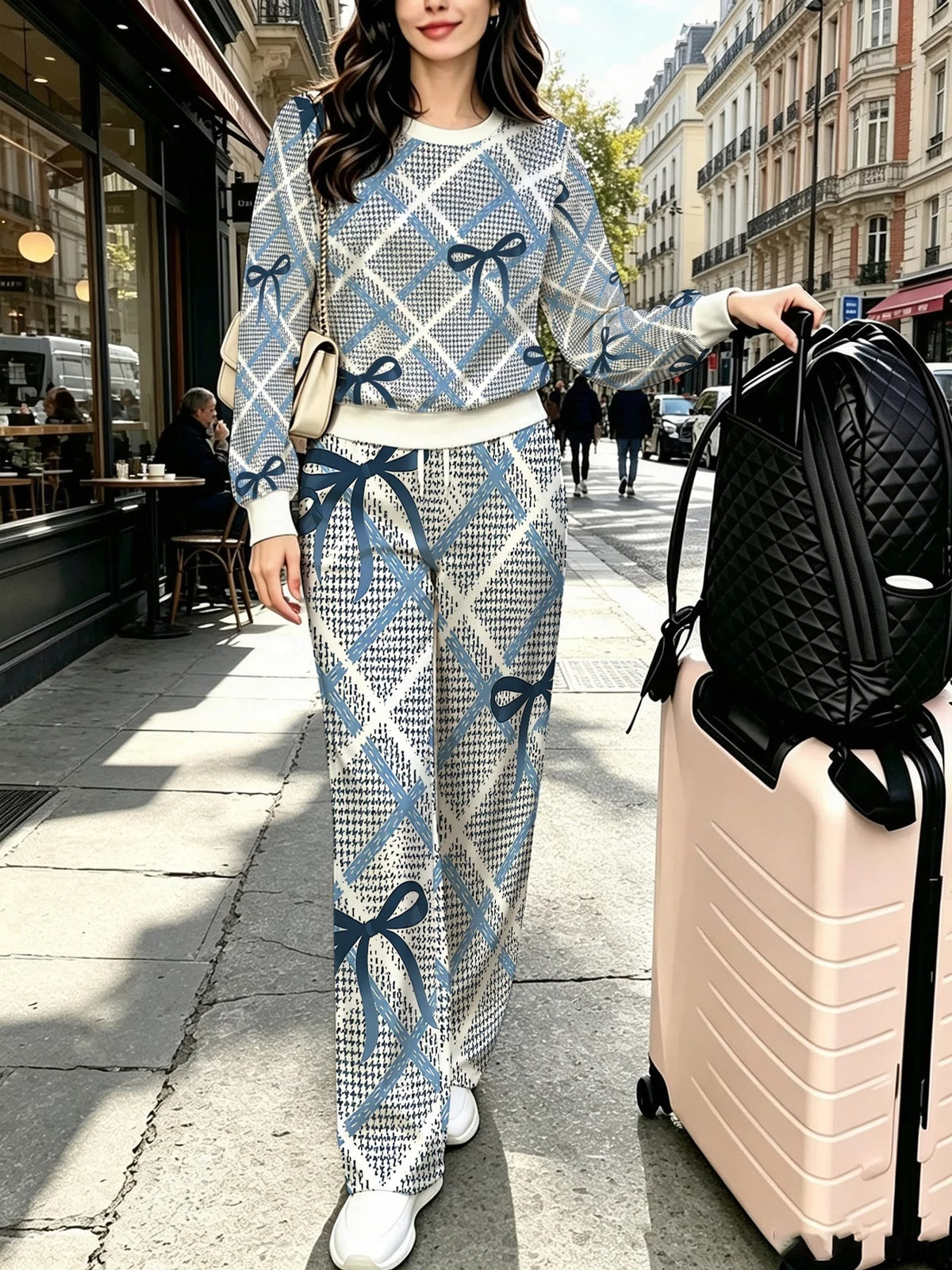 Women's Houndstooth Bow Print Long-Sleeve Sweatshirt Set