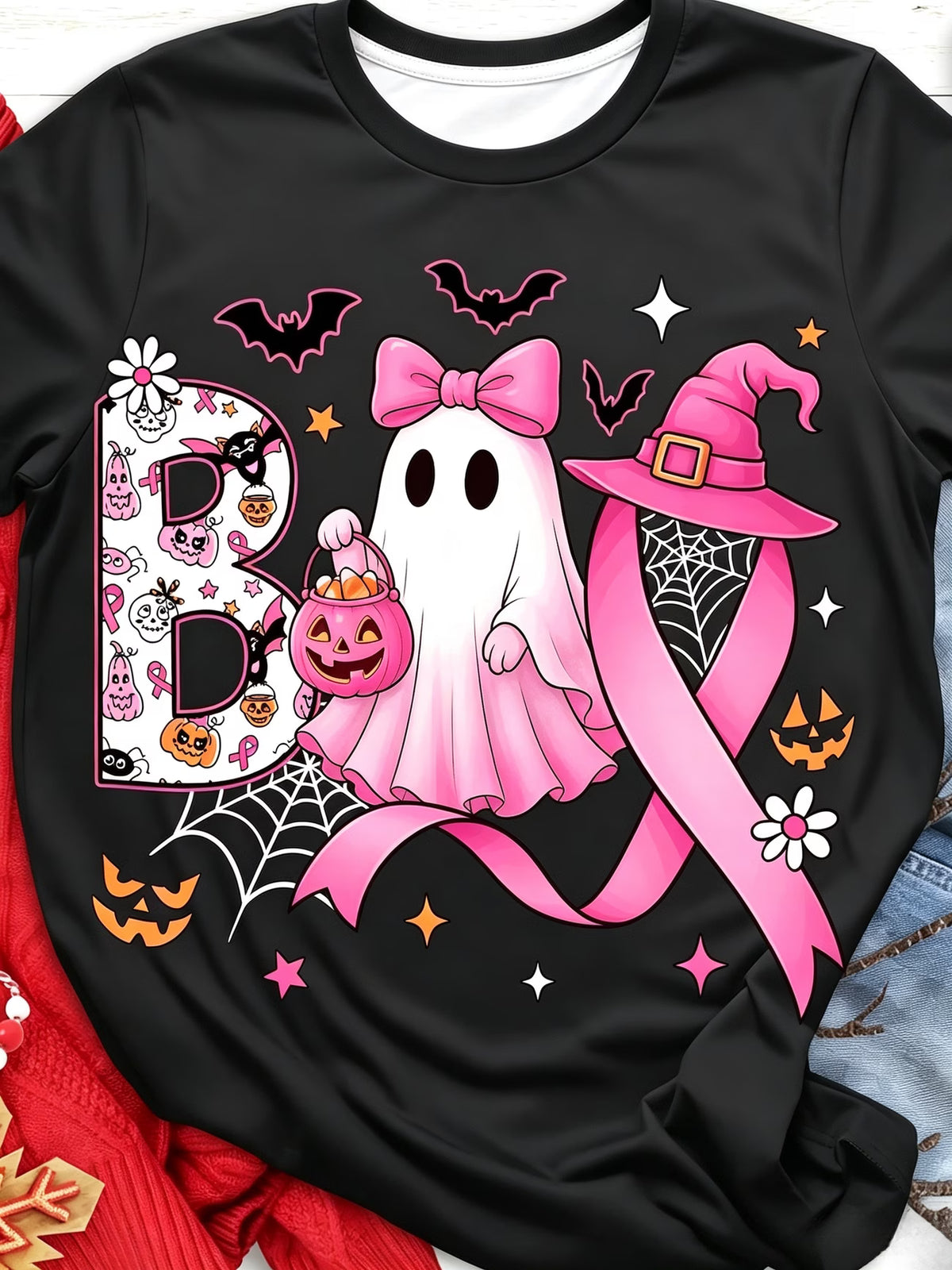 Women’s Halloween Breast Cancer Awareness Graphic T-Shirt