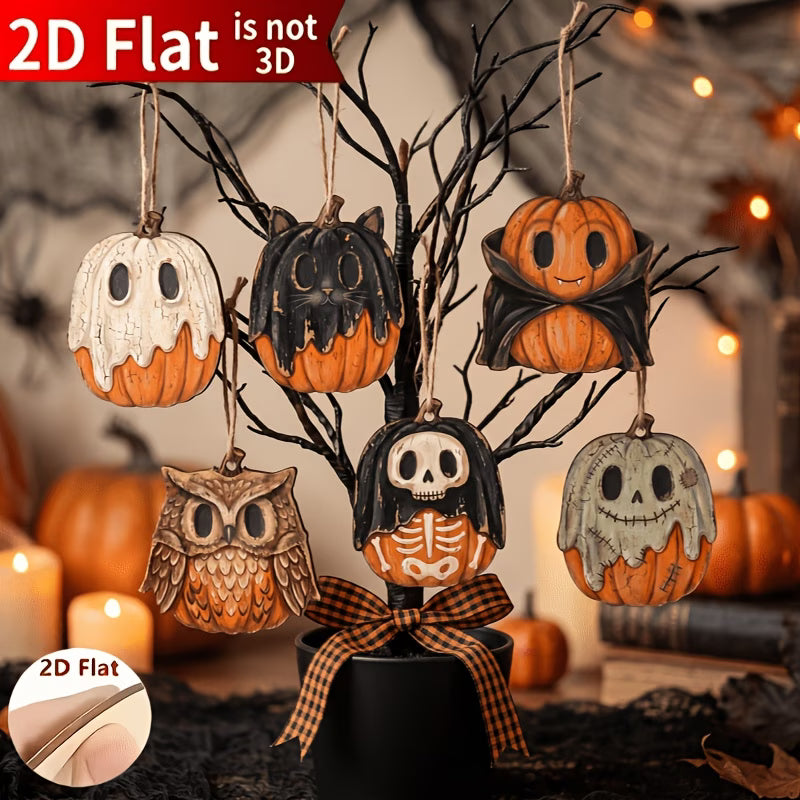 2D Flat Pumpkin-Shaped Wooden Hanging Ornaments – Retro Distressed Style (Set of 6)
