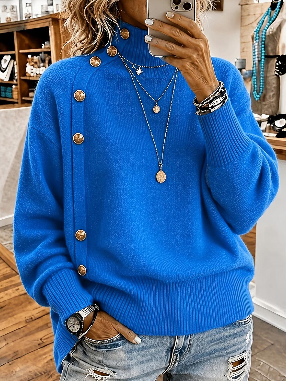 Women's Plus Size High-Neck Jumper in Blue