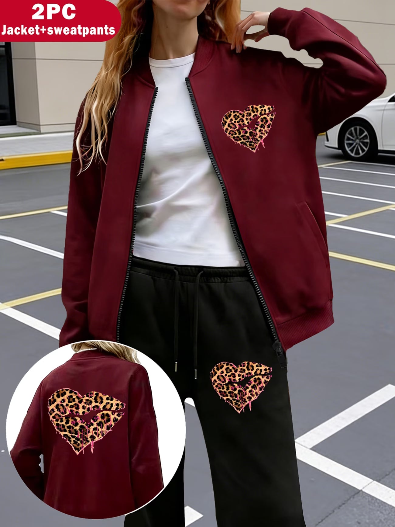 2-Piece Leopard Print Heart Pattern Jacket & Joggers Set