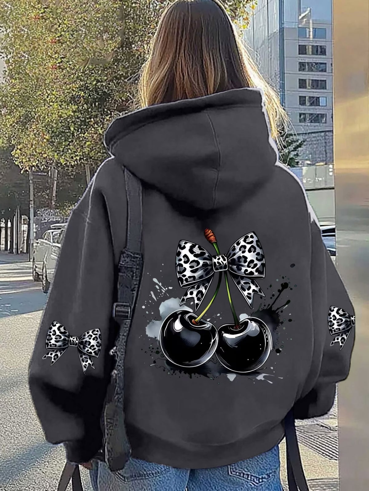 Ladies Leopard Bow & Cherry Zip-Up Hoodie
