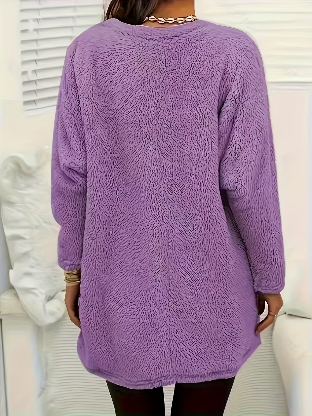 Heart Print Plush Pullover Sweatshirt – V-Neck Soft Fleece Top
