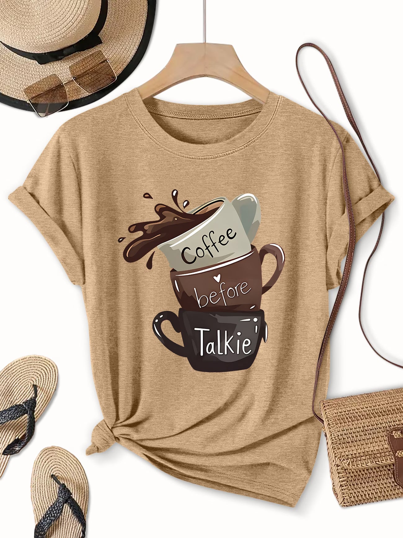 "Coffee Before Talkie" Slogan Tee – Plus Size Round Neck Top