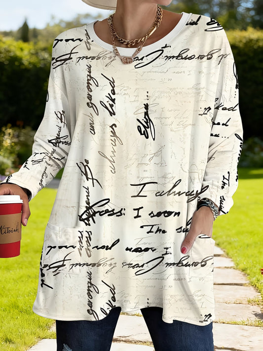 Elegant Letter Print Loose Women'S Top with Pockets