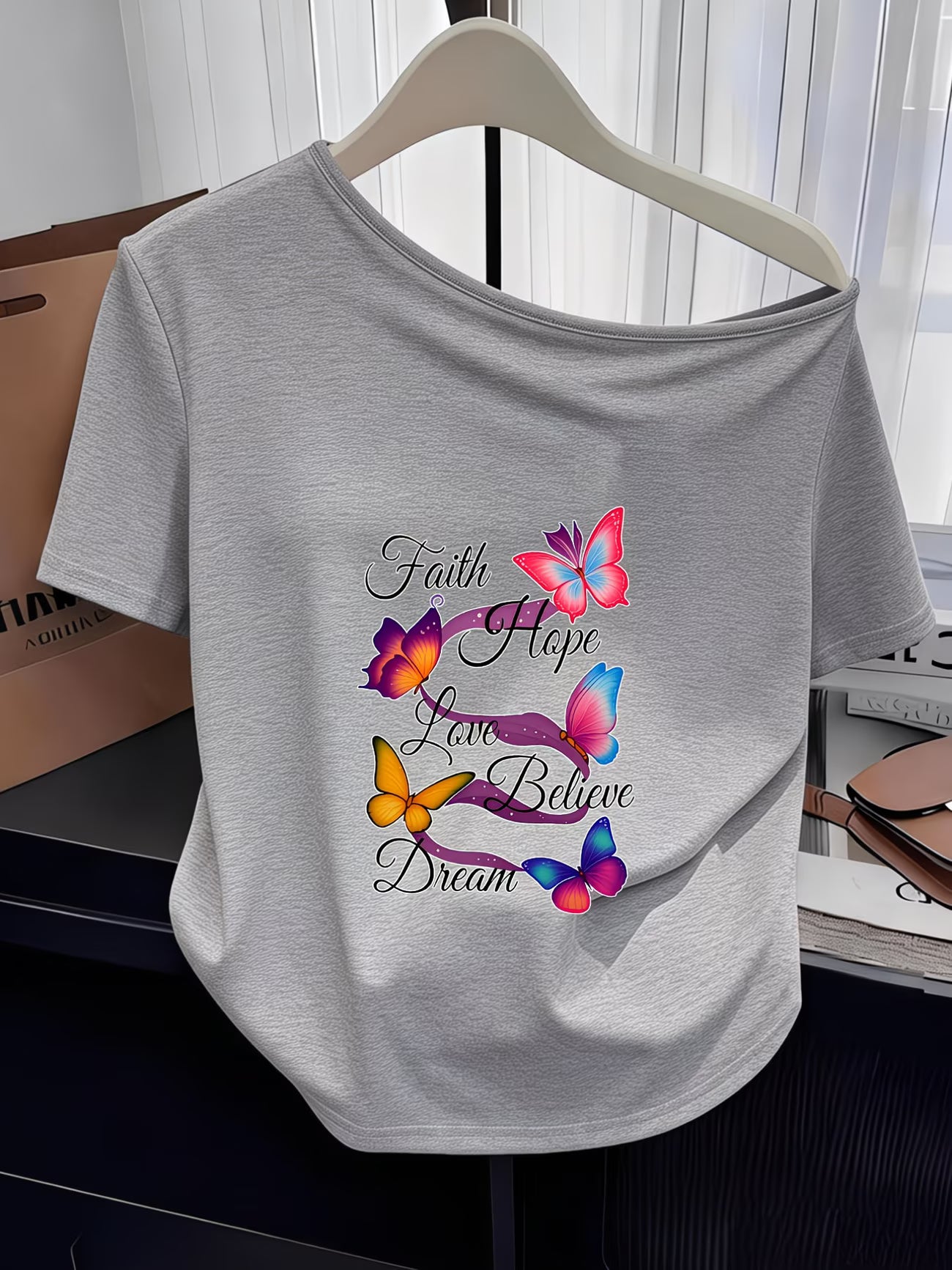 Butterfly Print Off-Shoulder T-Shirt