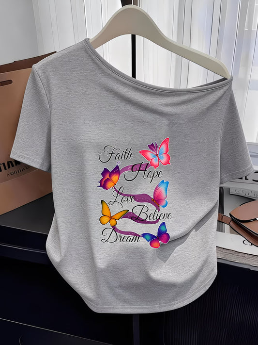 Butterfly Print Off-Shoulder T-Shirt