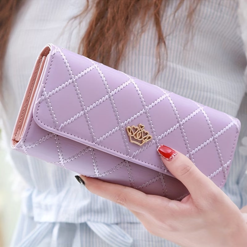 Trendy Argyle Checked Tri-Fold Long Wallet – Multi-Card Slot Purse
