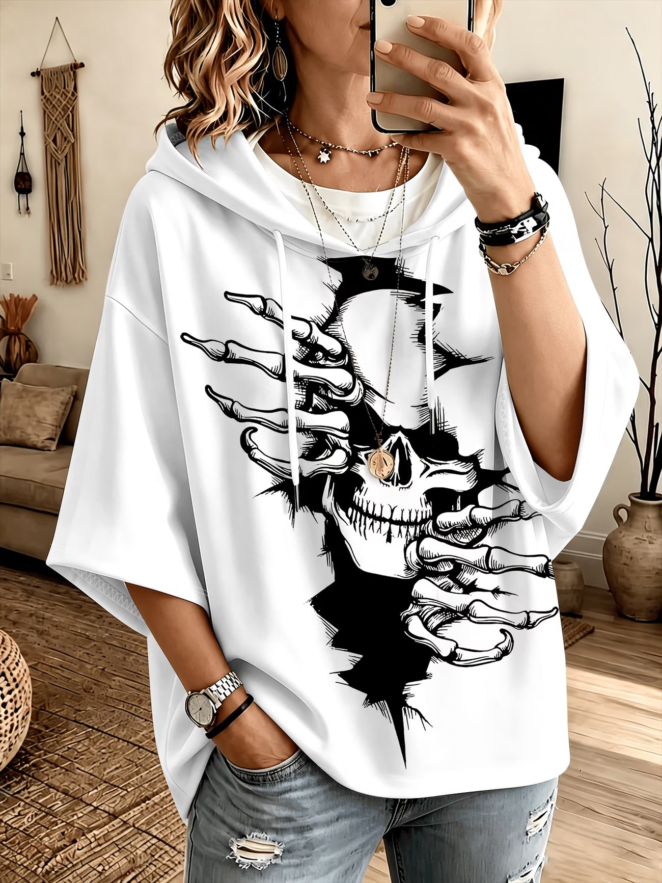 Halloween Skull Ripped Print Three-Quarter Sleeve Hoodie
