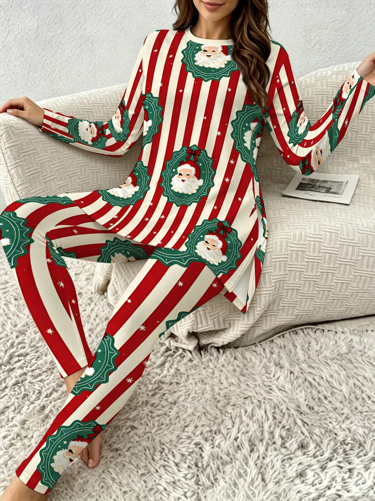 Women's Santa Print Christmas Trouser Set