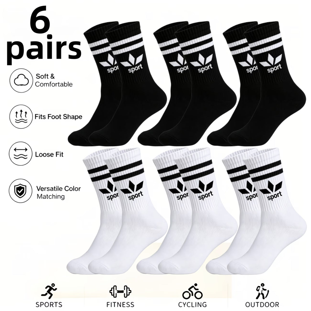 6 Pairs Black & White Maple Leaf Mid-Calf Socks