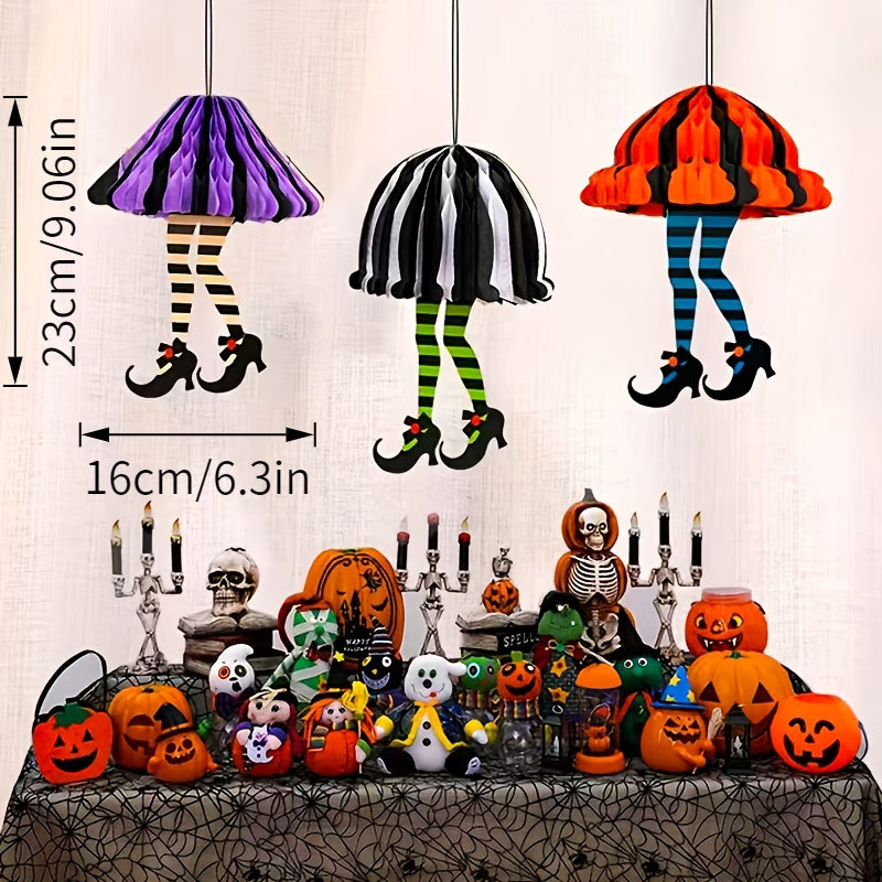 2D Flat Wooden Long Leg Witch Hanging Ornaments – Beehive Skirt (Set of 3)