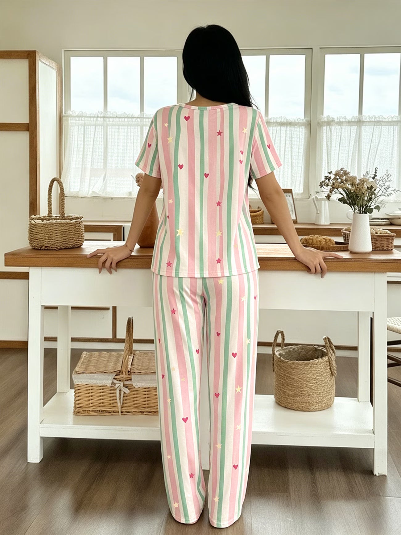 Women's Colorful Striped & Star Print Pajama Set – Round Neck, Short Sleeve