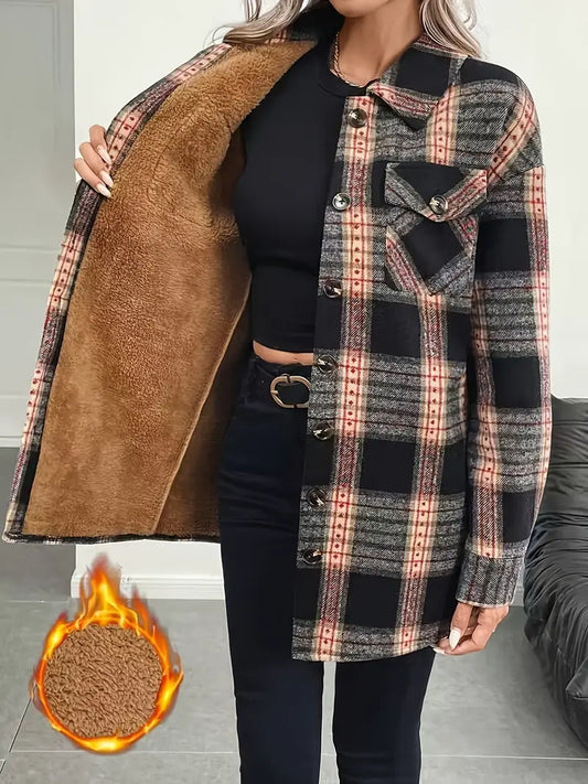 Women'S Plaid Print Fleece-Lined Button-Up Cardigan