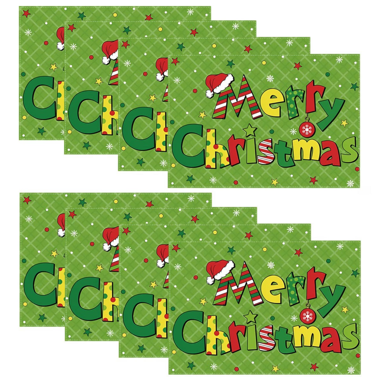 Christmas Table Mats – Set of 8 | Green Cartoon 'Merry Christmas' Placemats for Indoor & Outdoor Use