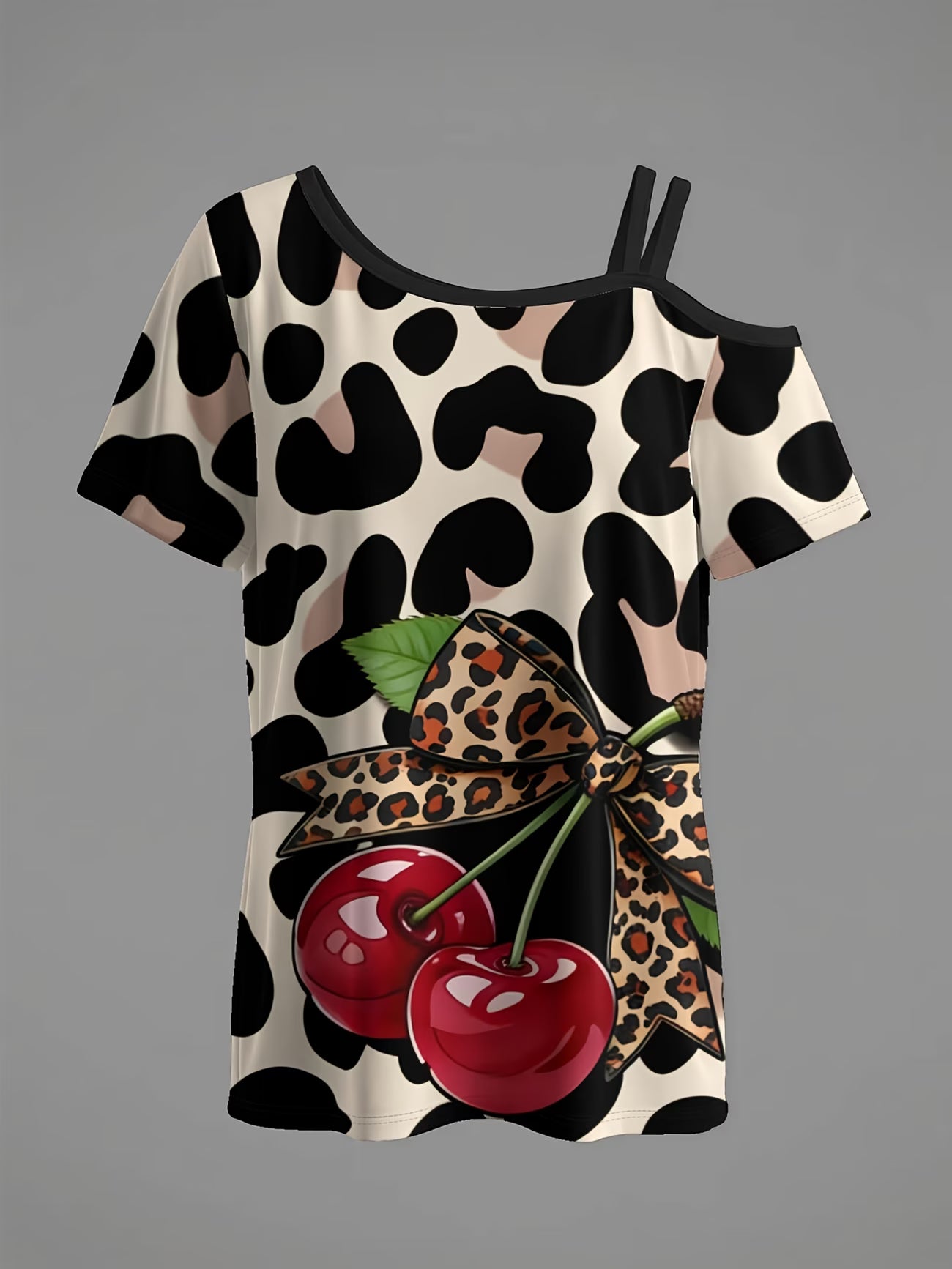 Leopard Women's One-Shoulder Short-Sleeve cherry T-Shirt