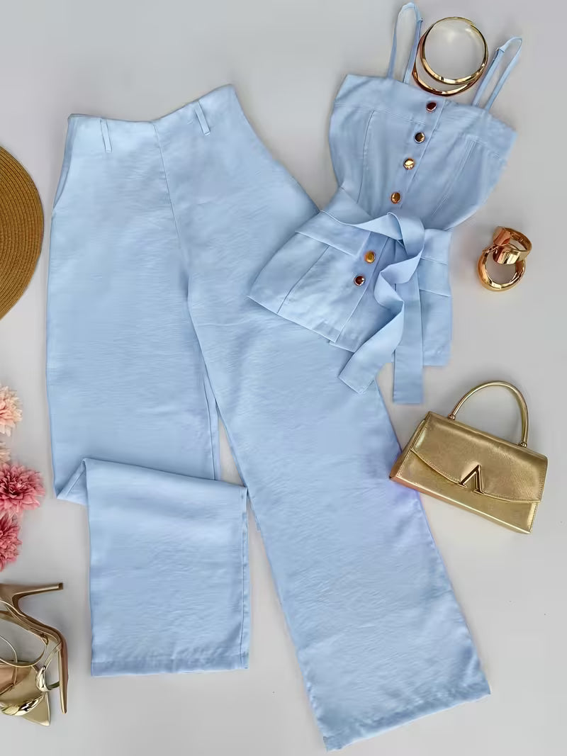 New Women's Solid Color Strappy Pants Two-Piece Set