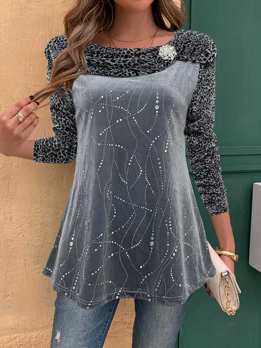 Solid Color Golden Foil Collar Long Sleeve Top